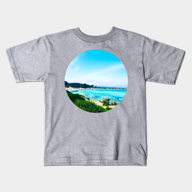 Sunny Blue Ocean Summer Beach Waves With Green Mountains And Palm Trees At The Back Under The Clear Blue Sky Kids T-Shirt by AishwaryaMathur